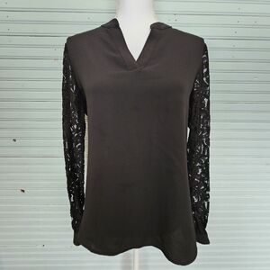 Anne Klein Black Satin Blouse With Lace Sleeves V-Neck No Sz Tag
